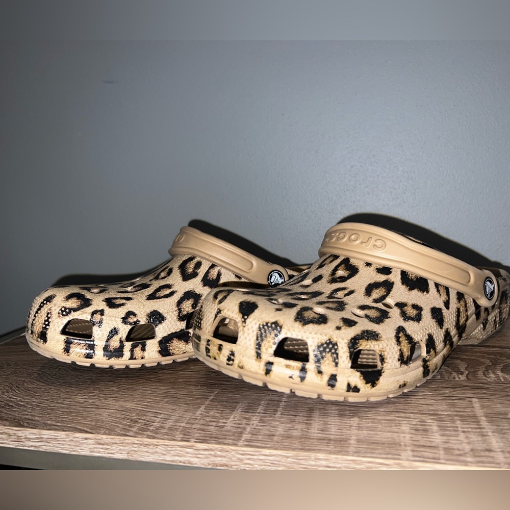 CROCS Leopard Print Slippers - Tan and Black